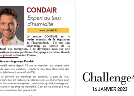 Article Condair paru dans Challenges : rétablir le bon taux d’humidité des bâtiments.
